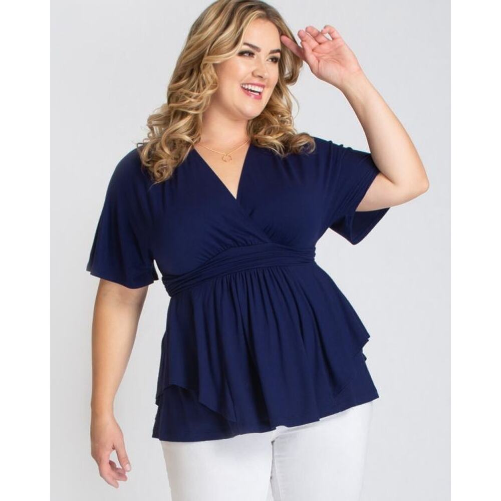 Kiyonna Navy Blue Top Promenade Style 1X Flutter Sleeves Empire Waist Feminine